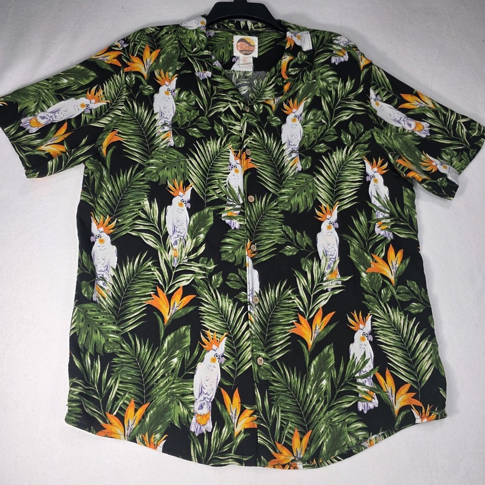 C&C California Men's Casual Tropical Hawaiian Cockatoo Shirt 100% Rayon Sz L
